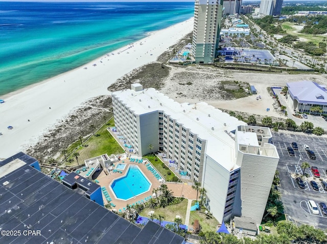 bird's eye view with a view of the beach and a water view