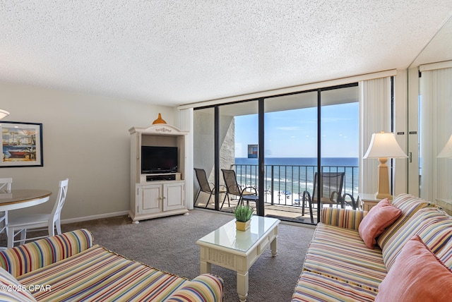 living area with expansive windows, a textured ceiling, carpet flooring, and baseboards