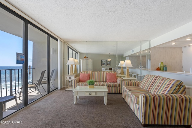 living area featuring carpet floors, expansive windows, a textured ceiling, and a water view
