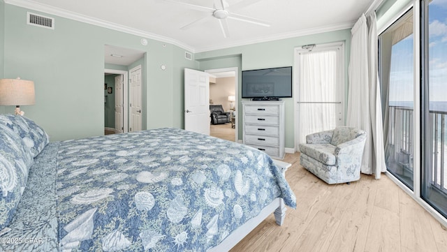 9450 S Thomas Dr Unit 1609C, Panama City Beach, FL 32408 - bedroom with access to outside, light wood finished floors, ornamental molding, and ceiling fan