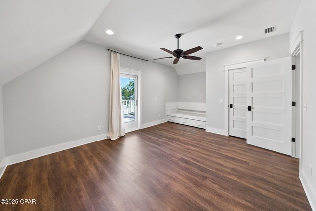 205 Mallard Ln, Santa Rosa Beach, FL 32459 - additional living space with a ceiling fan, dark wood finished floors, lofted ceiling, visible vents, and recessed lighting