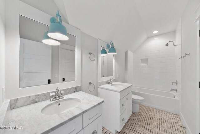 205 Mallard Ln, Santa Rosa Beach, FL 32459 - full bath with two vanities, lofted ceiling, shower / tub combination, and a sink