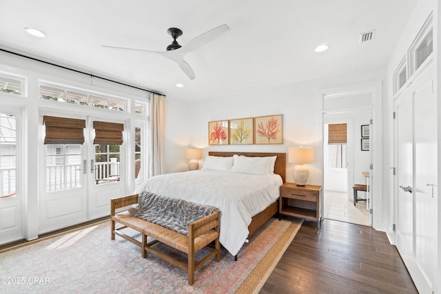 bedroom featuring ceiling fan, access to exterior, visible vents, dark wood finished floors, and recessed lighting