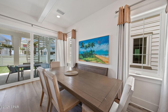 dining space featuring wood finished floors, beamed ceiling, baseboards, visible vents, and recessed lighting
