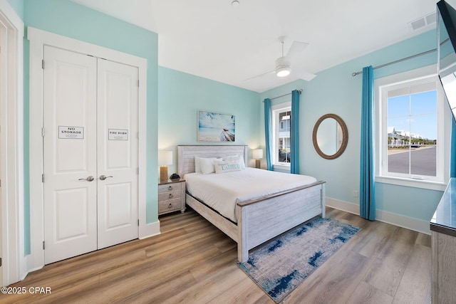bedroom with light wood-style flooring, baseboards, a closet, and multiple windows
