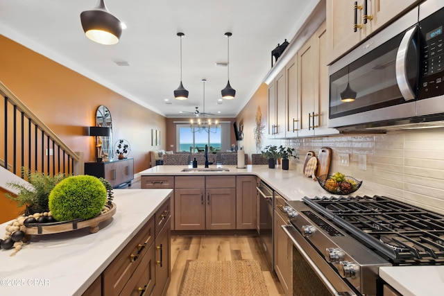 kitchen featuring light wood finished floors, stainless steel appliances, a sink, decorative backsplash, and a peninsula