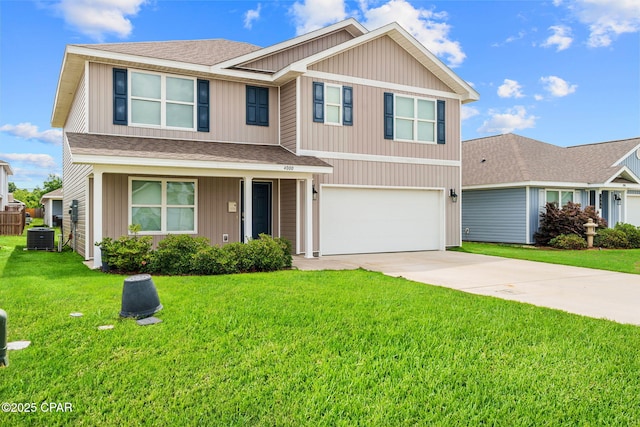 view of front of property featuring roof with shingles, an attached garage, central AC, a front lawn, and concrete driveway
