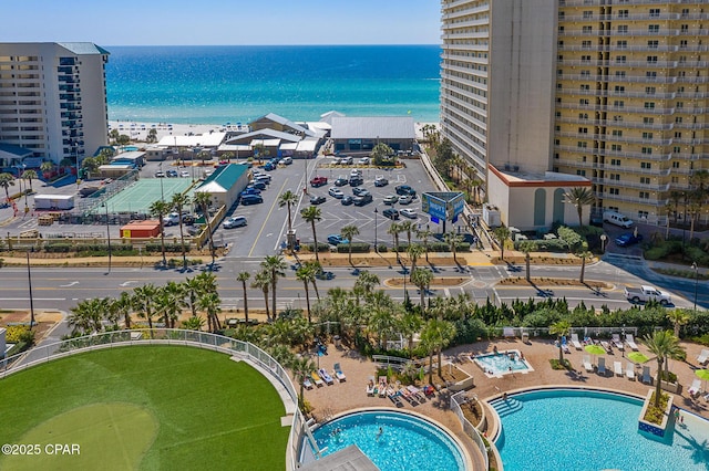drone / aerial view with a water view