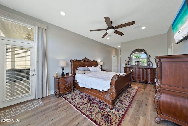 bedroom with ceiling fan, recessed lighting, light wood finished floors, and access to exterior