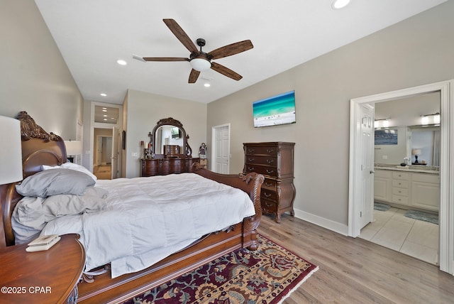 bedroom featuring recessed lighting, connected bathroom, light wood finished floors, baseboards, and visible vents