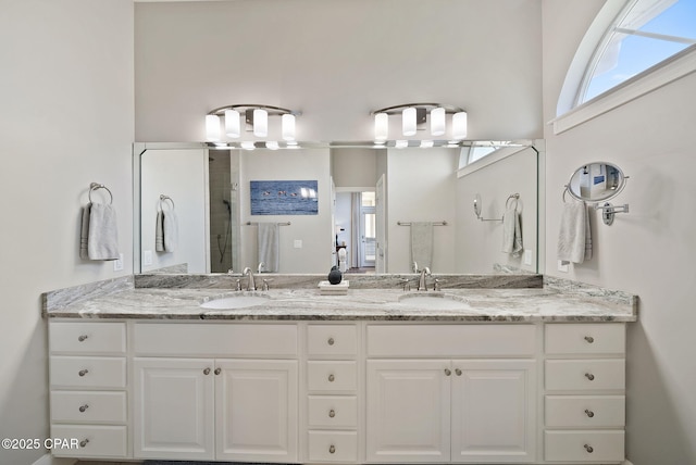 full bathroom featuring double vanity, a shower with shower door, and a sink