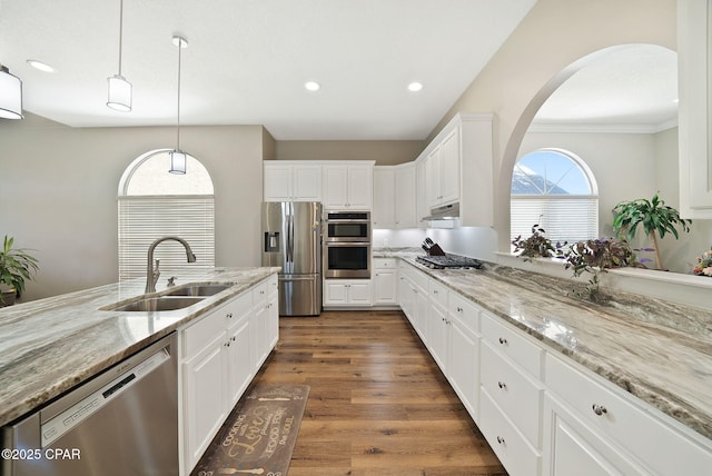 kitchen with a sink, white cabinets, stainless steel appliances, and under cabinet range hood