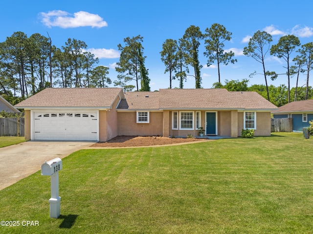 single story home with a front lawn, driveway, fence, an attached garage, and stucco siding