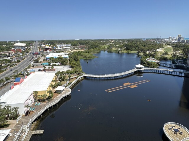 aerial view featuring a water view