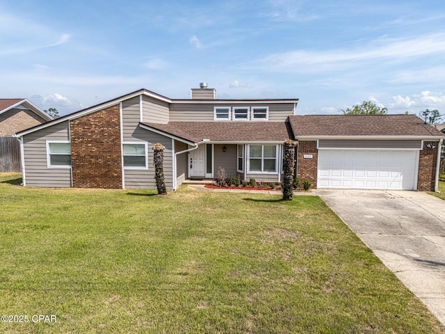 view of front of house featuring concrete driveway, an attached garage, brick siding, and a front yard