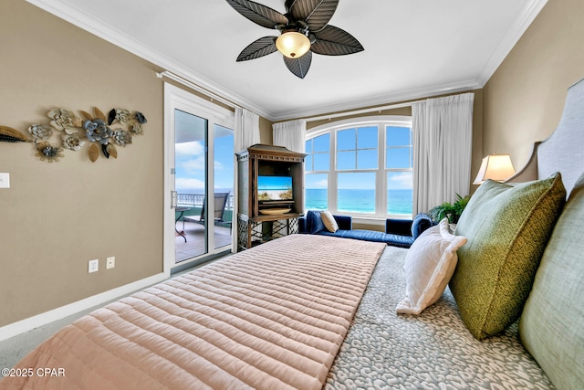 7505 Thomas Dr Unit 512B, Panama City, FL 32408 - bedroom with access to exterior, crown molding, baseboards, carpet, and ceiling fan