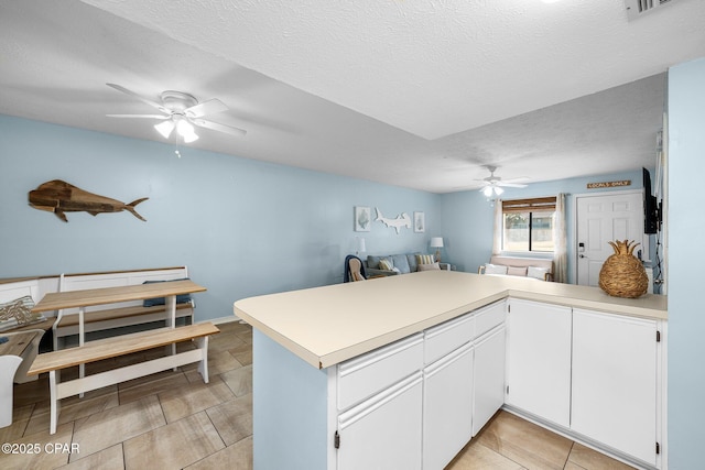171 Damon Cir, Panama City Beach, FL 32407 - kitchen featuring a ceiling fan, a peninsula, light countertops, open floor plan, and a textured ceiling