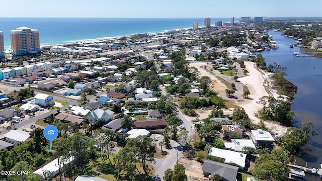aerial view with a water view and a view of city