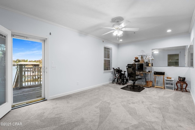 carpeted office featuring crown molding, recessed lighting, ceiling fan, and baseboards