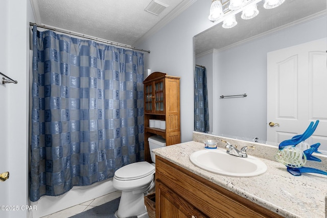 bathroom featuring crown molding, tile patterned flooring, toilet, a textured ceiling, and visible vents