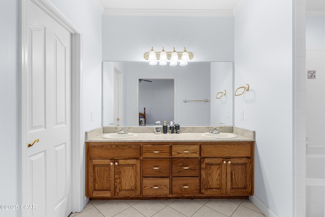 full bathroom featuring tile patterned floors, ornamental molding, and a sink