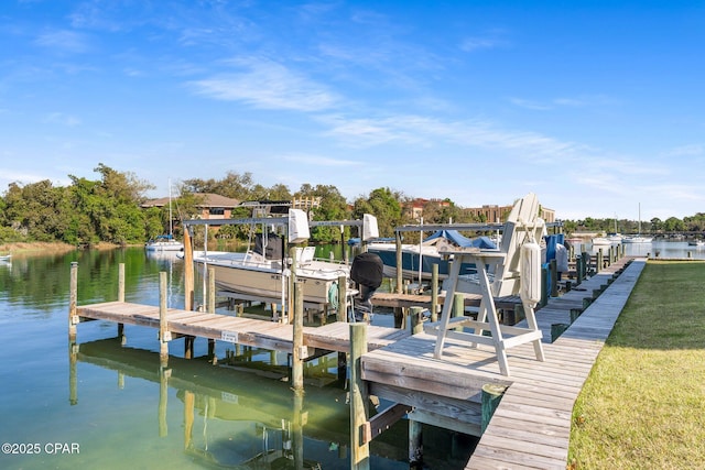 dock area featuring boat lift and a water view