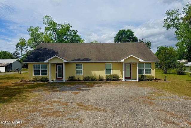single story home with stucco siding, a front lawn, and a shingled roof