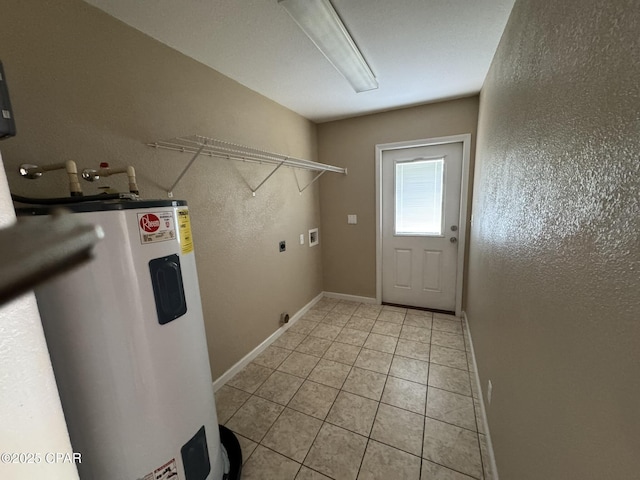 laundry room featuring laundry area, hookup for an electric dryer, light tile patterned flooring, washer hookup, and electric water heater