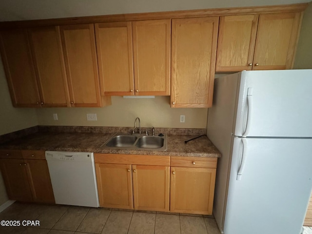 kitchen with light tile patterned flooring, a sink, and white appliances