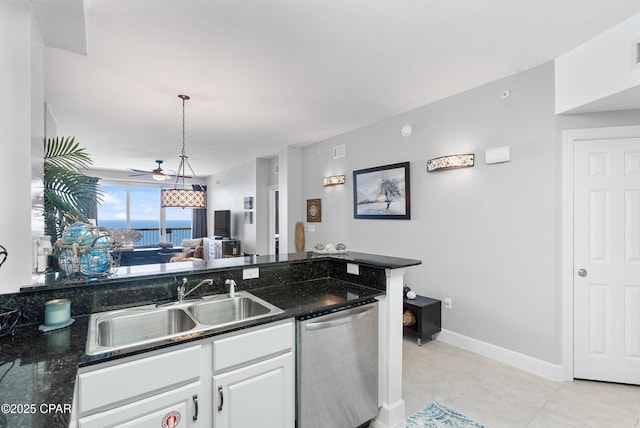 14825 Front Beach Rd Unit 2209, Panama City Beach, FL 32413 - kitchen featuring dishwasher, a sink, white cabinets, light tile patterned flooring, and ceiling fan