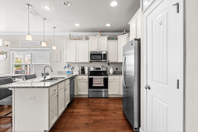 kitchen with stainless steel appliances, ornamental molding, a sink, and a peninsula