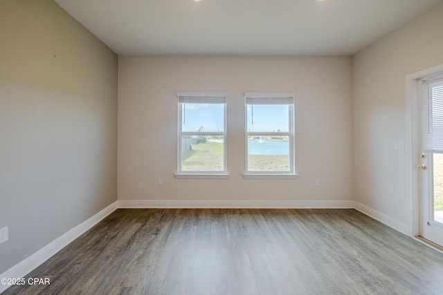 spare room featuring a wealth of natural light, wood finished floors, and baseboards