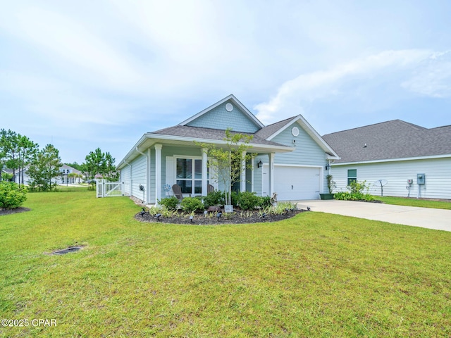 133 Stonegate Dr, Santa Rosa Beach, FL 32459 - view of front facade with concrete driveway, a porch, a front yard, a garage, and roof with shingles