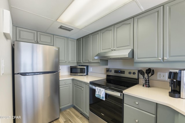 17155 Front Beach Rd Unit E602, Panama City Beach, FL 32413 - kitchen with appliances with stainless steel finishes, under cabinet range hood, gray cabinetry, light wood-style floors, and light countertops