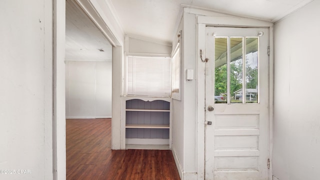 doorway to outside featuring vaulted ceiling and wood finished floors