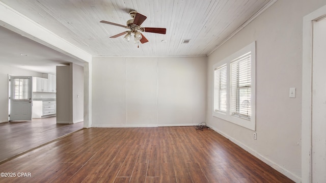 unfurnished room with wood ceiling, a ceiling fan, visible vents, and dark wood-type flooring