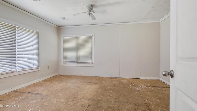 unfurnished room with a ceiling fan, crown molding, and visible vents