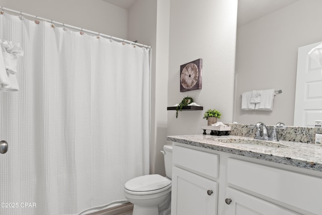 bathroom with vanity, toilet, and curtained shower