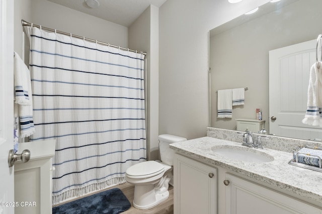 bathroom with wood finished floors, vanity, a shower with shower curtain, and toilet