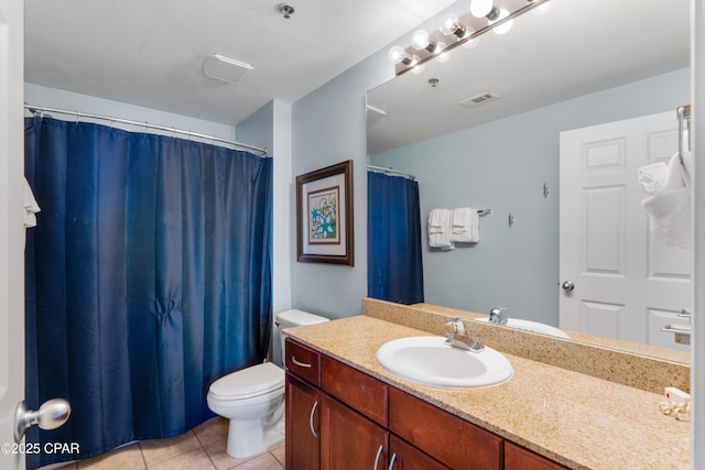 bathroom with visible vents, tile patterned floors, vanity, and toilet