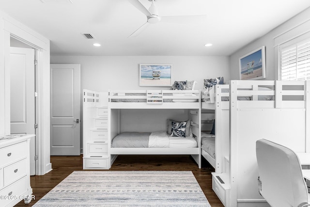 bedroom featuring visible vents, recessed lighting, ceiling fan, and dark wood finished floors