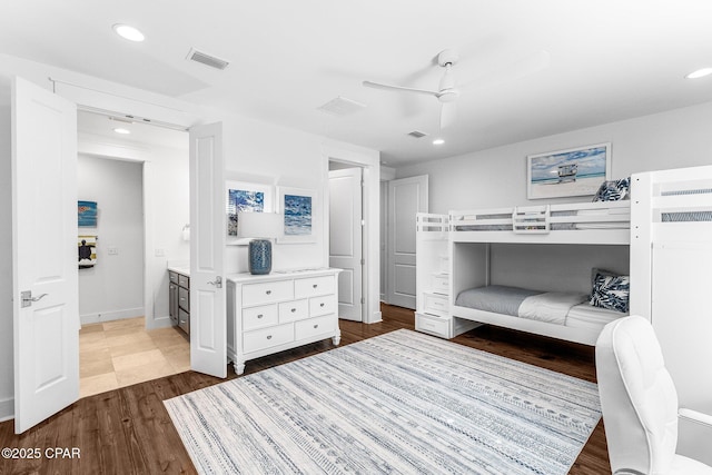bedroom featuring visible vents, recessed lighting, and dark wood-style flooring