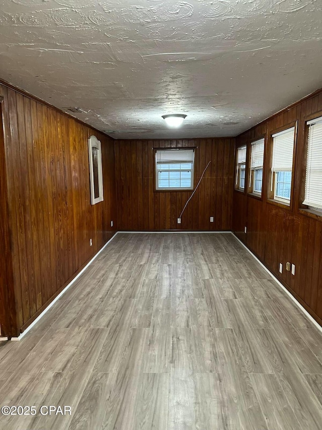 below grade area featuring wood walls and light wood-style floors