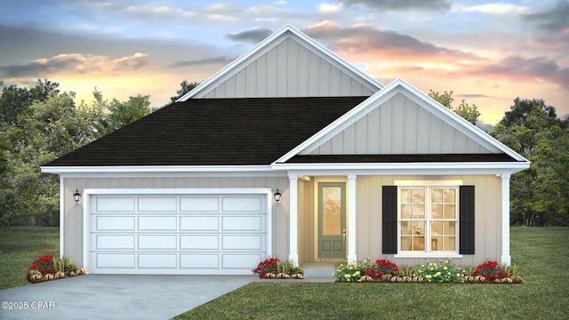 934 Crystal Bayou Blvd, Panama City Beach, FL 32407 - modern farmhouse featuring roof with shingles, board and batten siding, a front lawn, driveway, and an attached garage