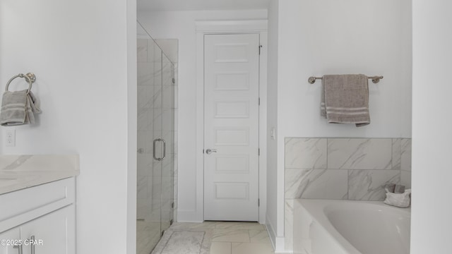 934 Crystal Bayou Blvd, Panama City Beach, FL 32407 - full bathroom featuring a shower stall, marble finish flooring, a bath, and vanity