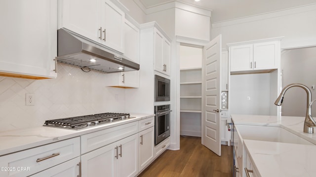 kitchen featuring tasteful backsplash, wood finished floors, white cabinets, under cabinet range hood, and stainless steel appliances