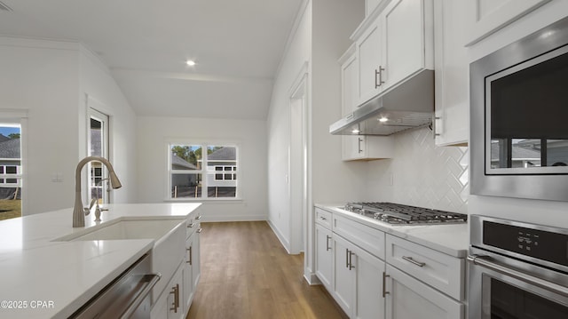 kitchen featuring recessed lighting, under cabinet range hood, light wood finished floors, appliances with stainless steel finishes, and backsplash