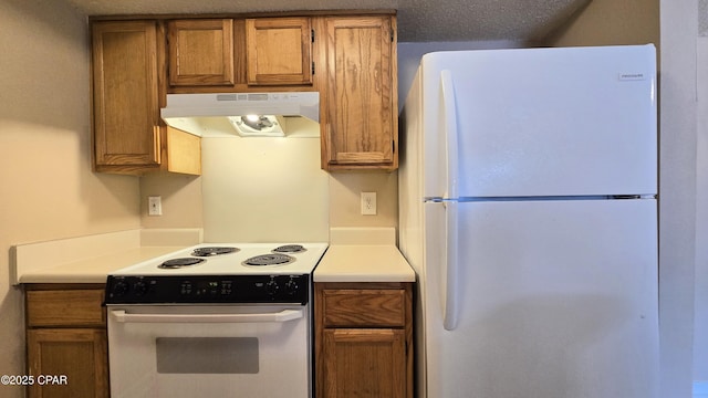 4075 Dancing Cloud Ct Unit 197, Destin, FL 32541 - kitchen featuring brown cabinets, light countertops, under cabinet range hood, and white appliances