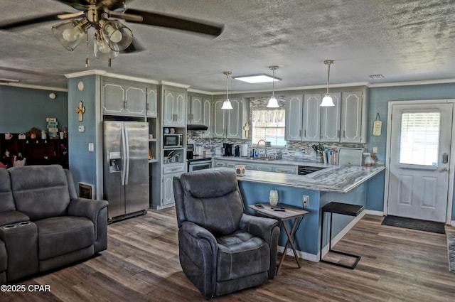 5585 Suncrest Rd, Marianna, FL 32448 - kitchen with stainless steel appliances, a peninsula, open floor plan, ceiling fan, and dark wood-style floors