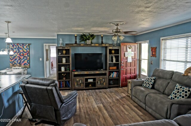 5585 Suncrest Rd, Marianna, FL 32448 - living room featuring a textured ceiling, ceiling fan, wood finished floors, and crown molding